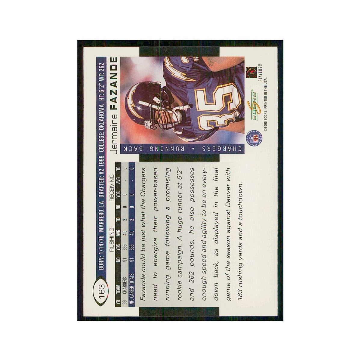 2000 Score Jermaine Fazande San Diego Chargers #163