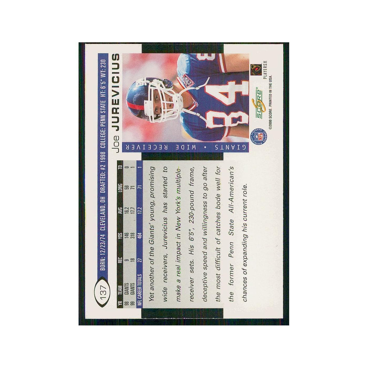 2000 Score Joe Jurevicius Giants #137