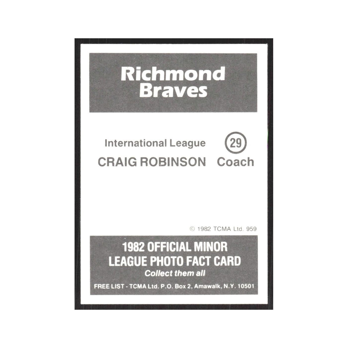 1982 TCMA Minor League Craig Robinson Richmond Braves #29