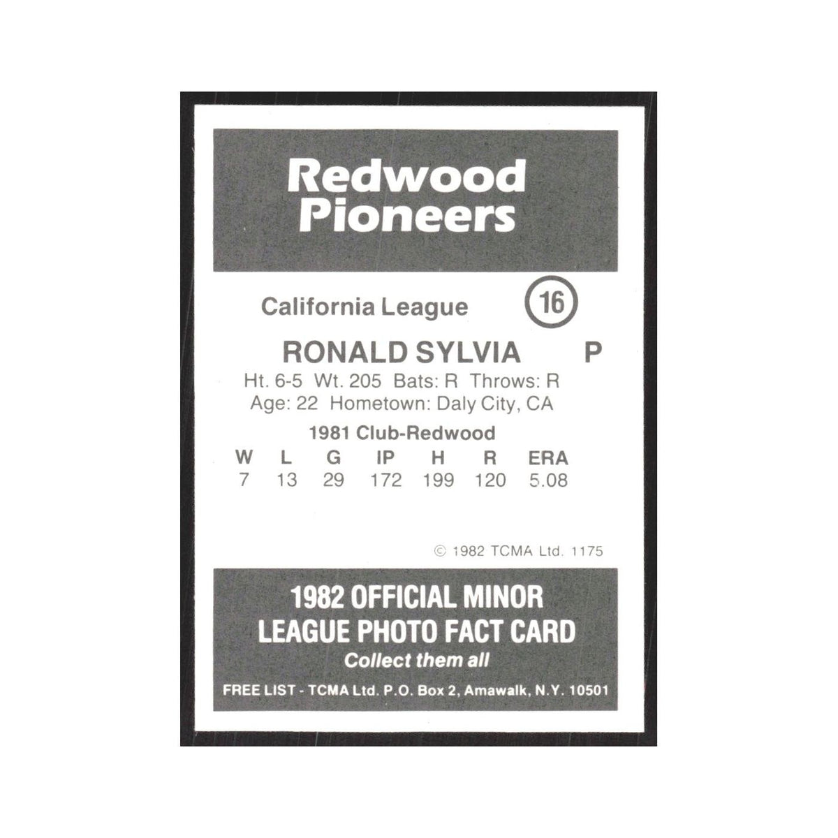 1982 TCMA Minor League Ron Sylvia Redwood Pioneers #16