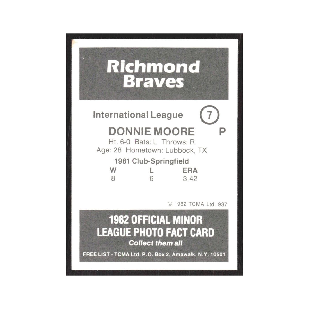 1982 TCMA Minor League Donnie Moore Richmond Braves #7