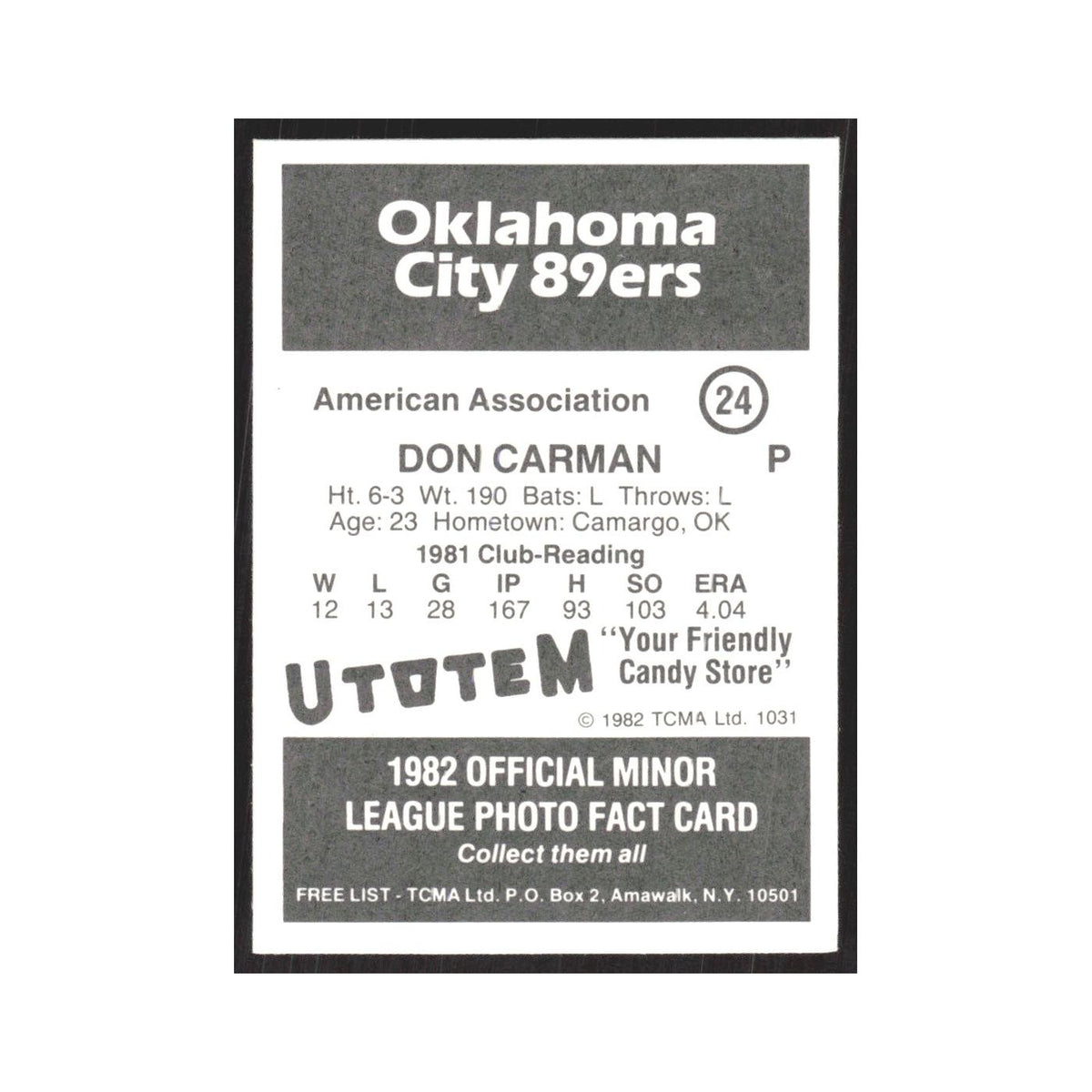 1982 TCMA Minor League Don Carman Oklahoma City 89ers #24