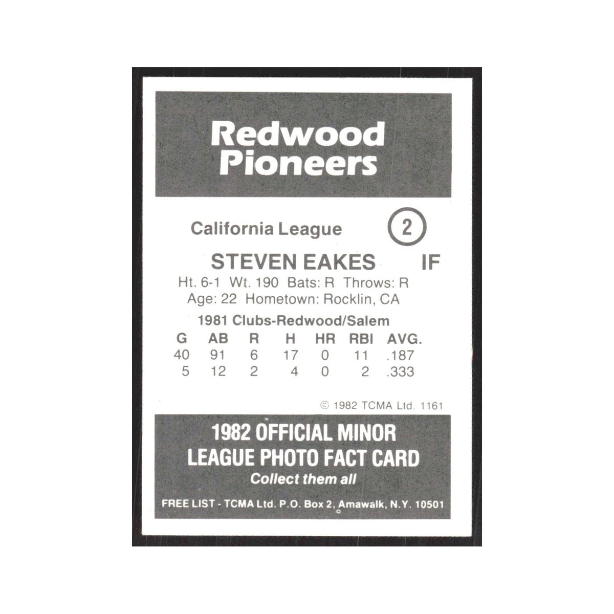 1982 TCMA Minor League Steven Eakes Redwood Pioneers #2