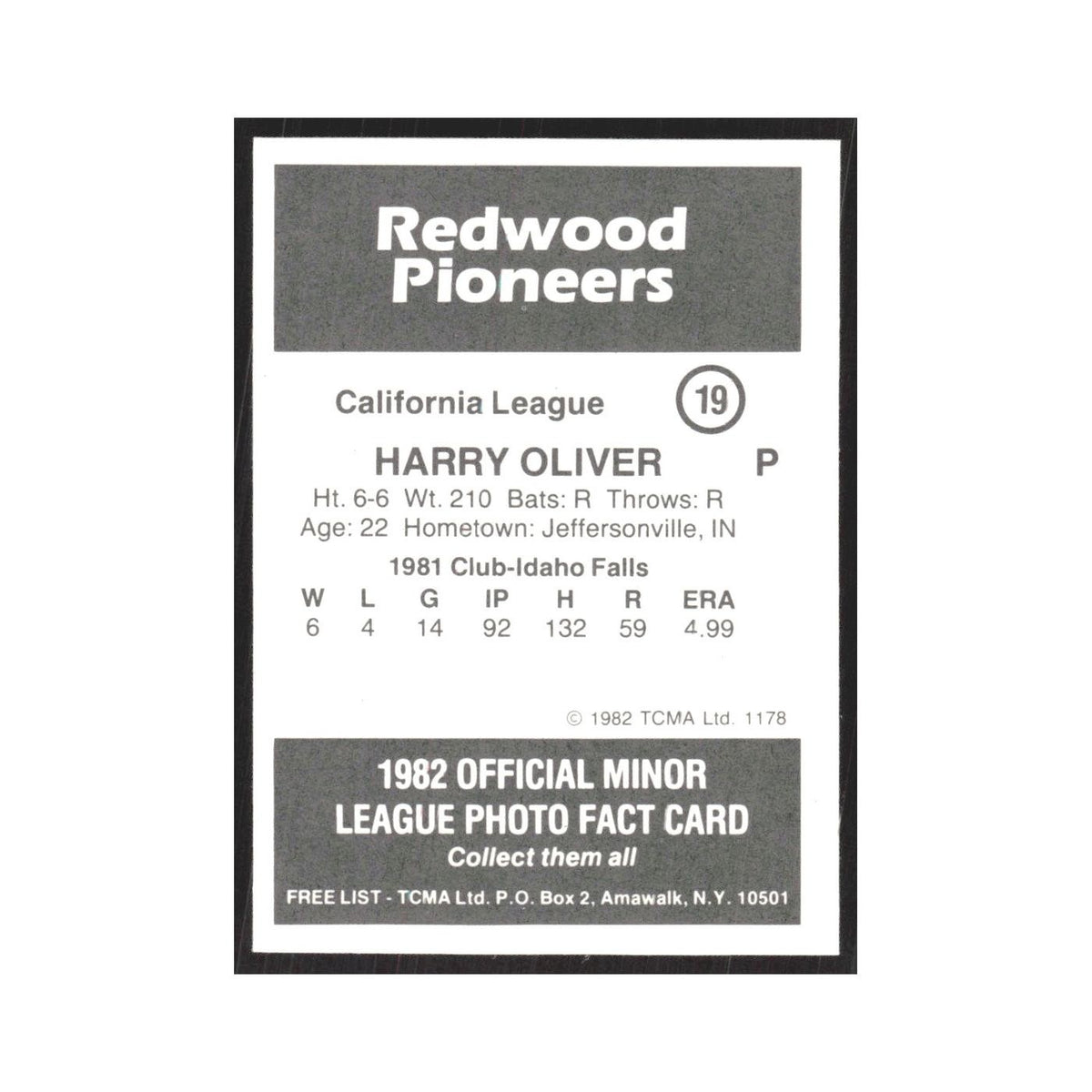 1982 TCMA Minor League Harry Oliver Redwood Pioneers #19