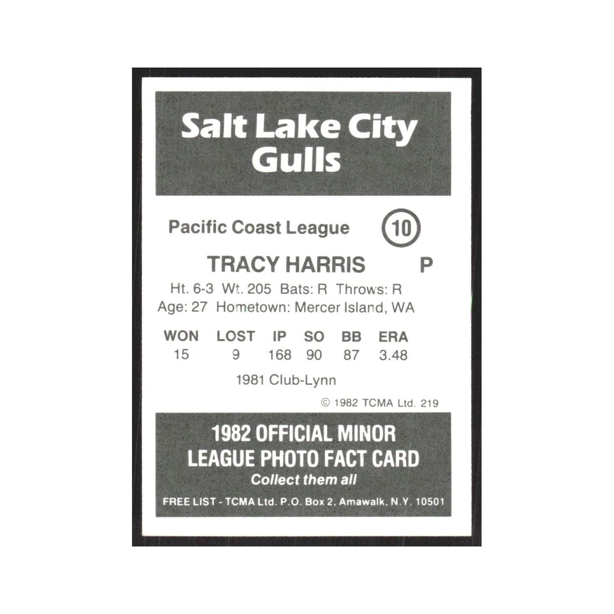 1982 TCMA Minor League Tracy Harris Salt Lake City Gulls #10
