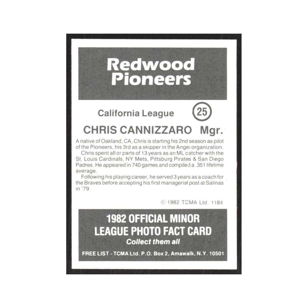 1982 TCMA Minor League Chris Cannizzaro Redwood Pioneers #25