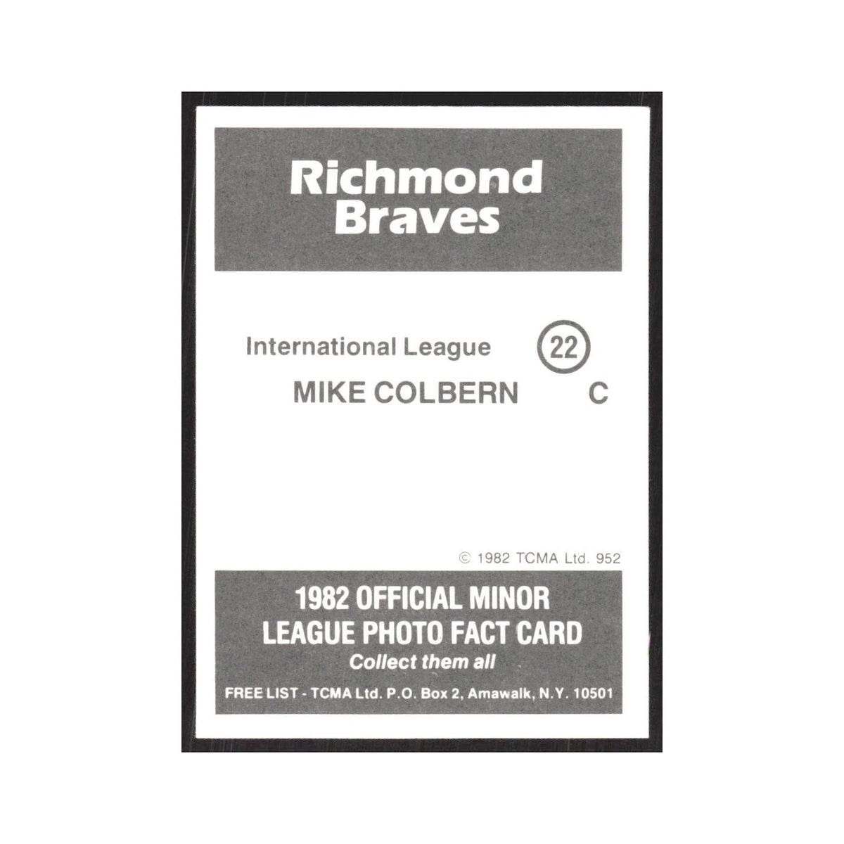 1982 TCMA Minor League Mike Colbern Richmond Braves #22