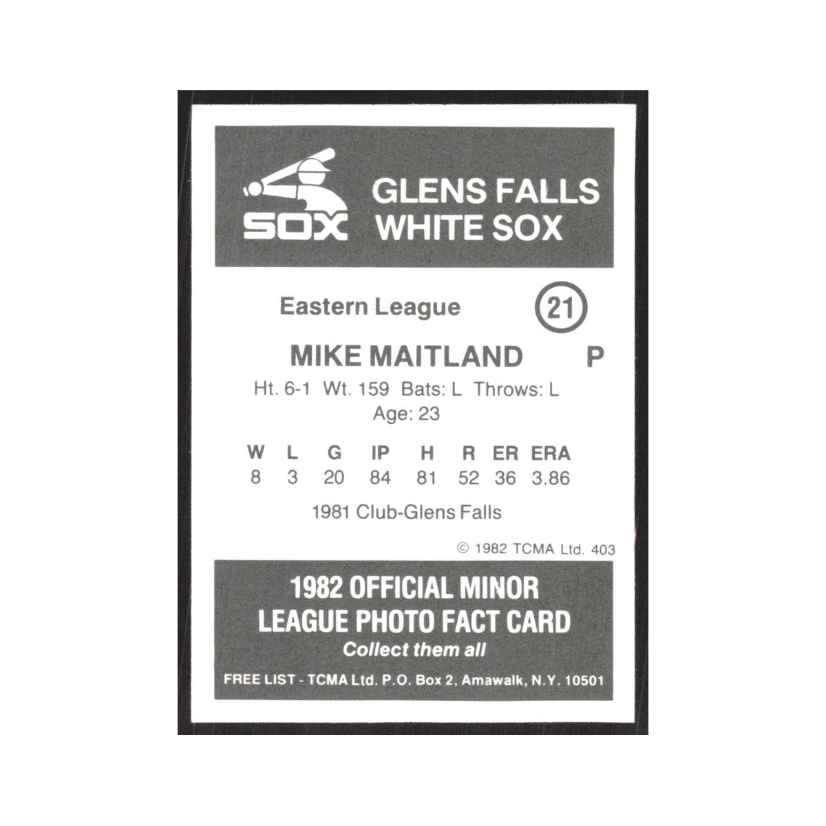 1982 TCMA Minor League Mike Maitland Glens Falls White Sox #21