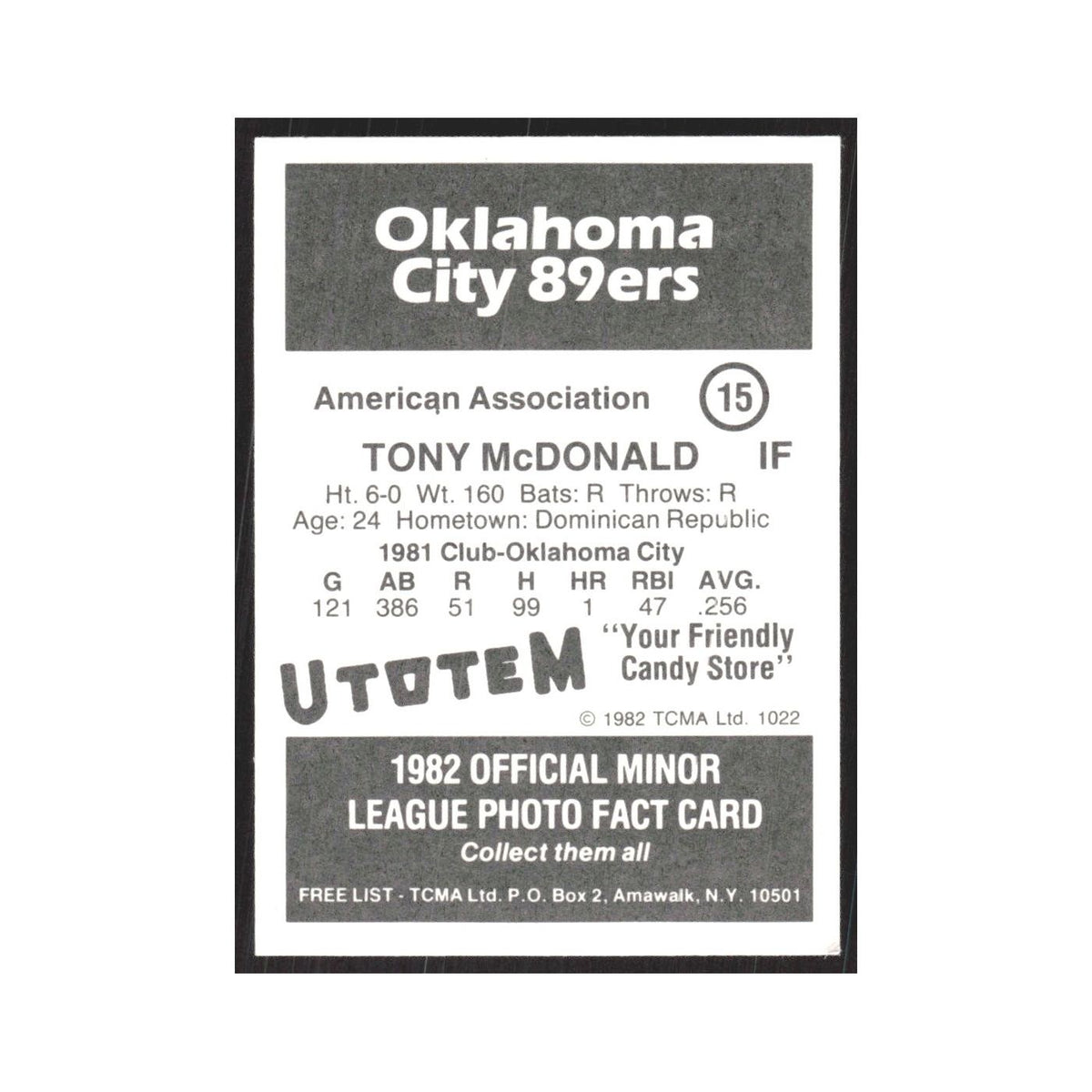 1982 TCMA Minor League Tony McDonald Oklahoma City 89ers #15