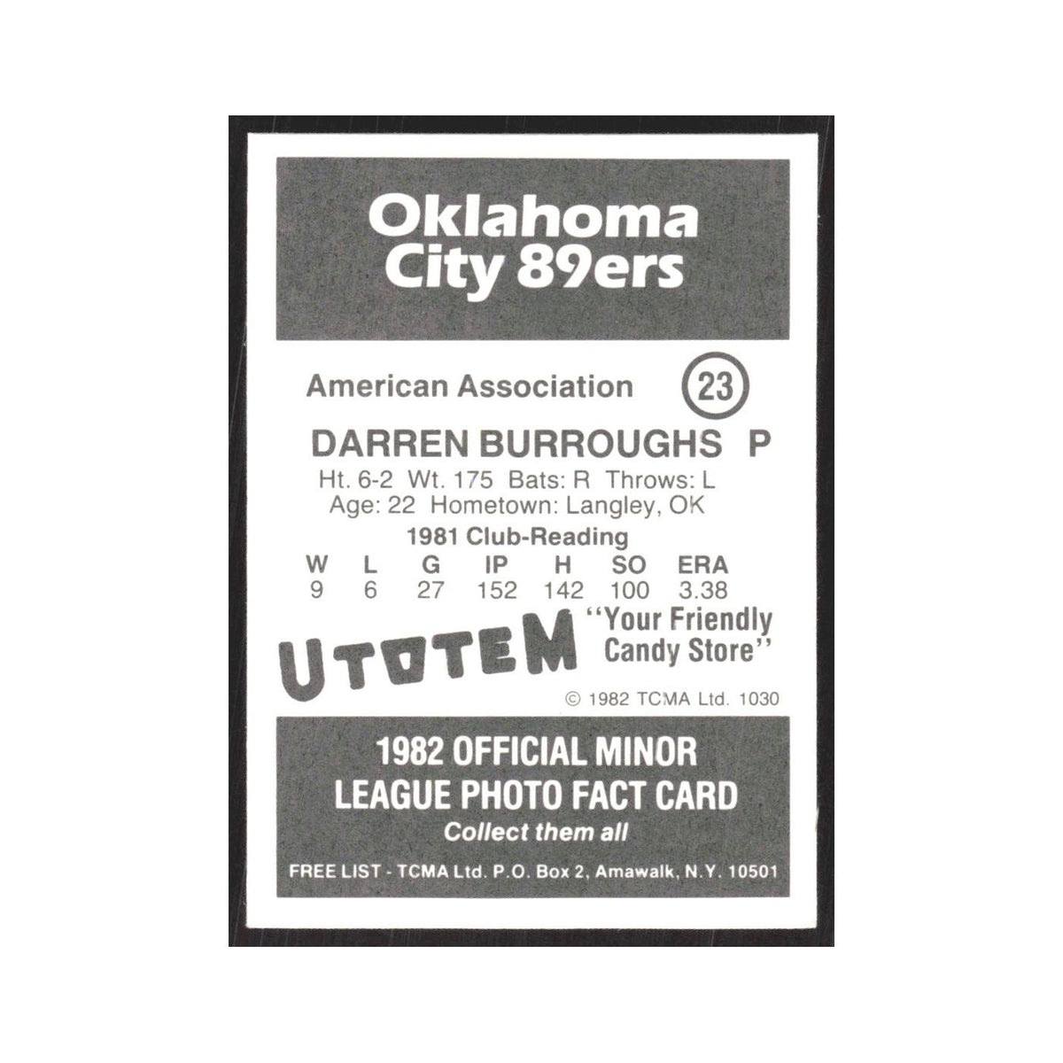 1982 TCMA Minor League Darren Burroughs Oklahoma City 89ers #23