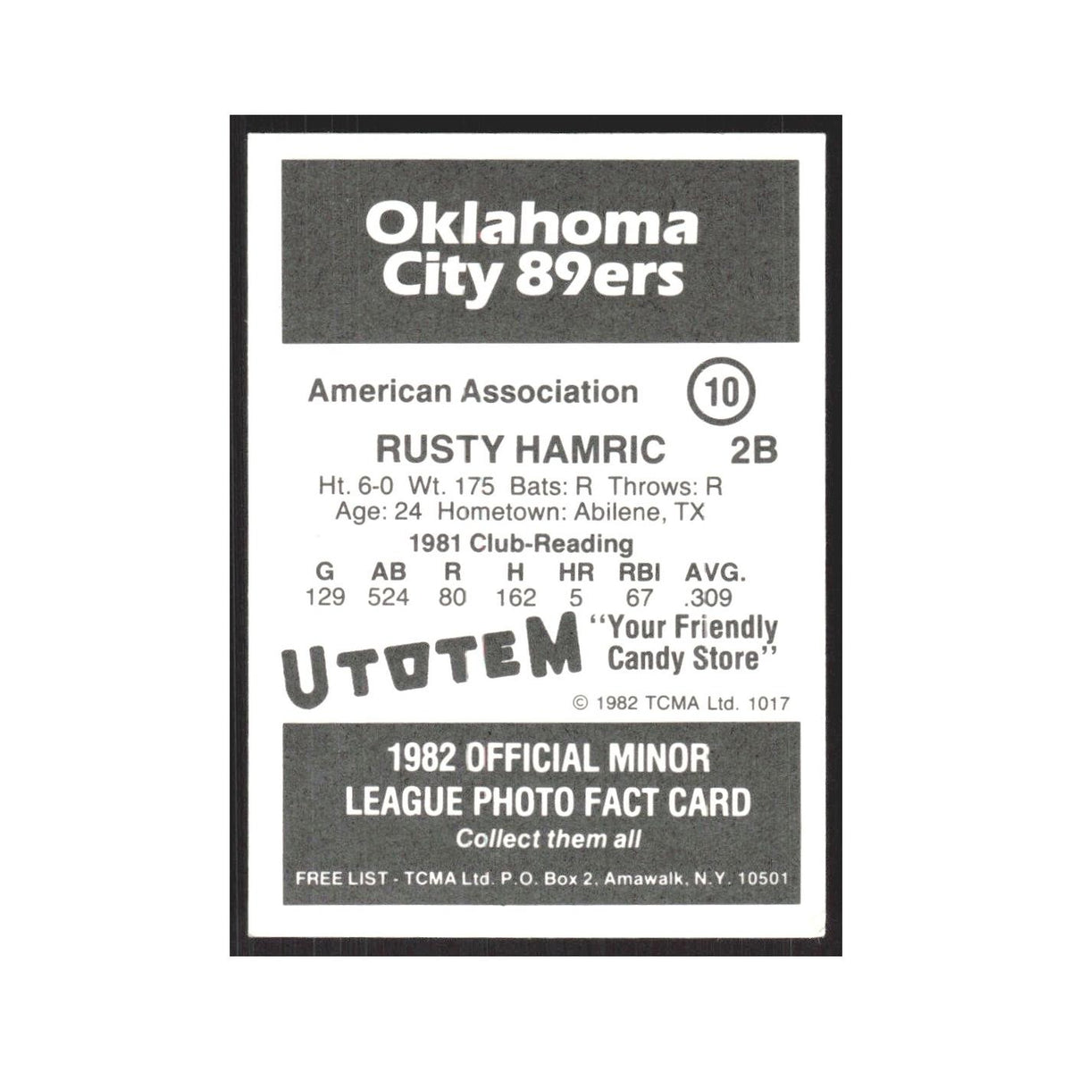 1982 TCMA Minor League Rusty Hamric Oklahoma City 89ers #10