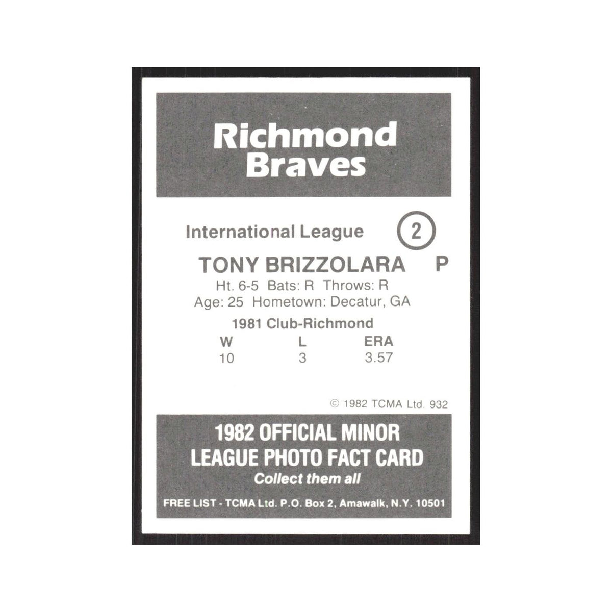 1982 TCMA Minor League Tony Brizzolara Richmond Braves #2