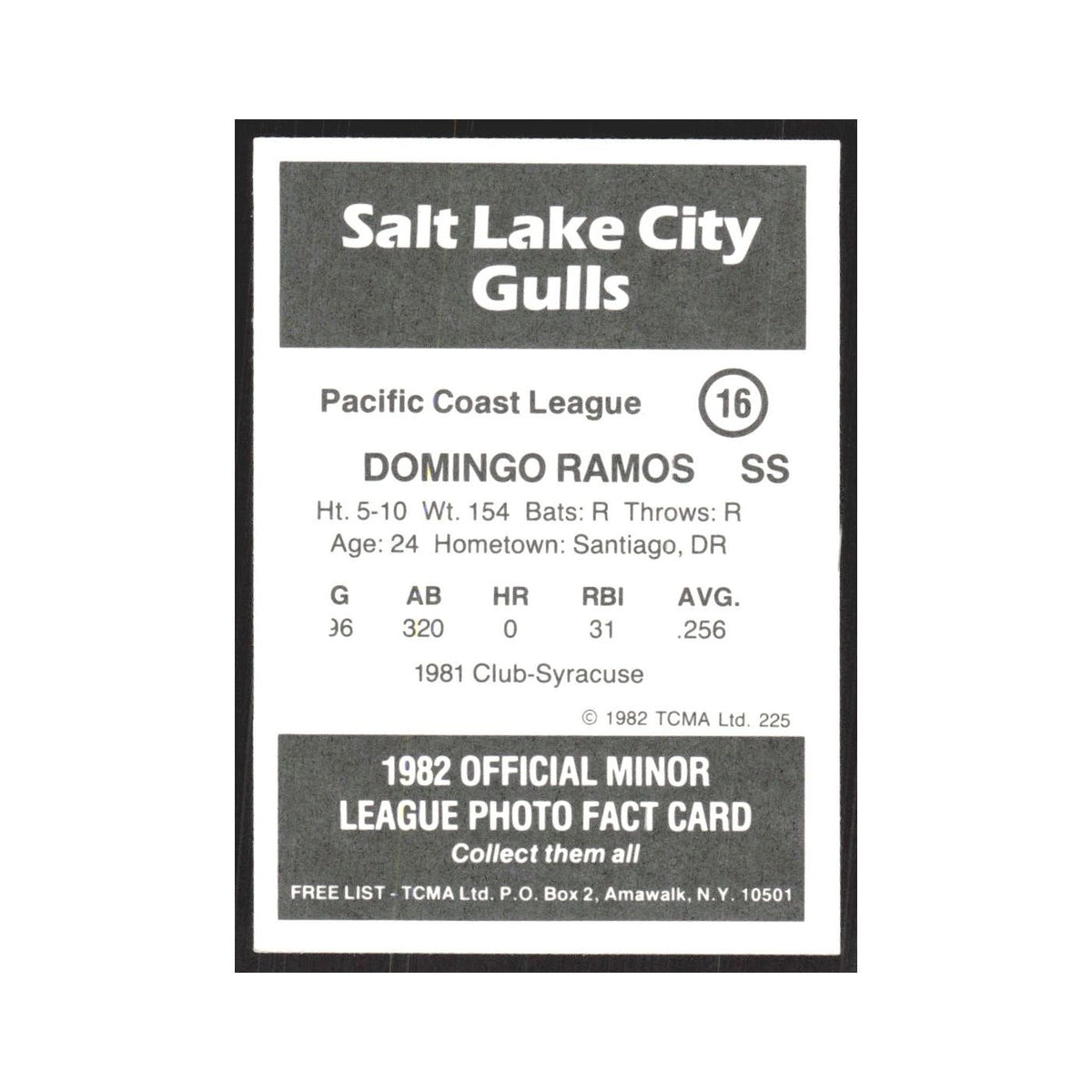 1982 TCMA Minor League Domingo Ramos Salt Lake City Gulls #16