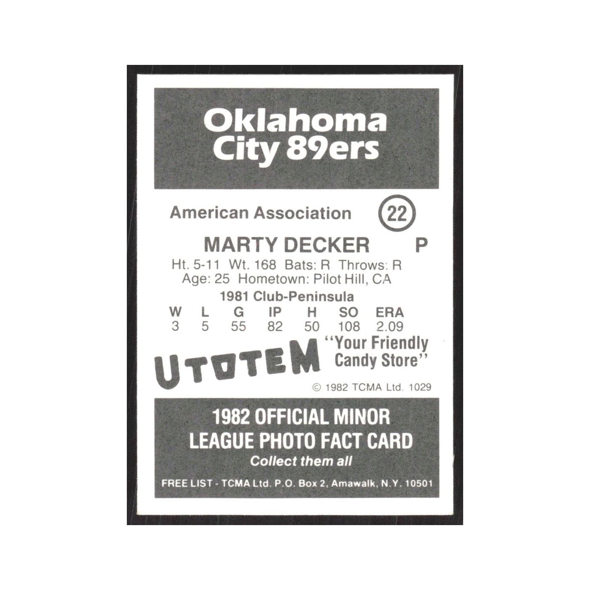 1982 TCMA Minor League Marty Decker Oklahoma City 89ers #22