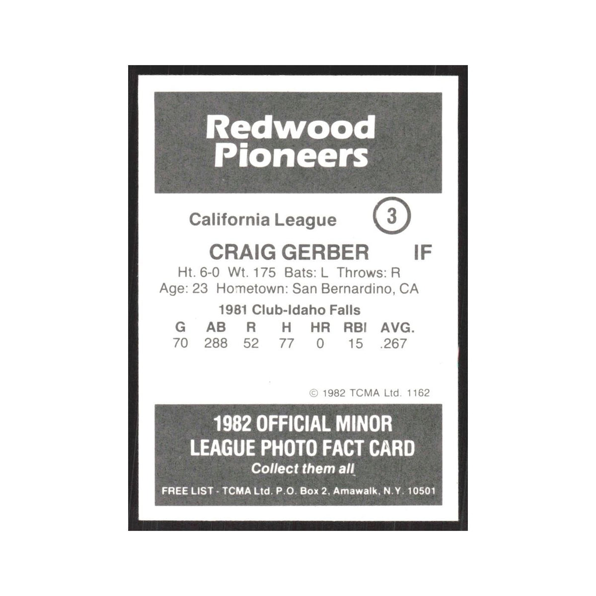 1982 TCMA Minor League Craig Gerber Redwood Pioneers #3