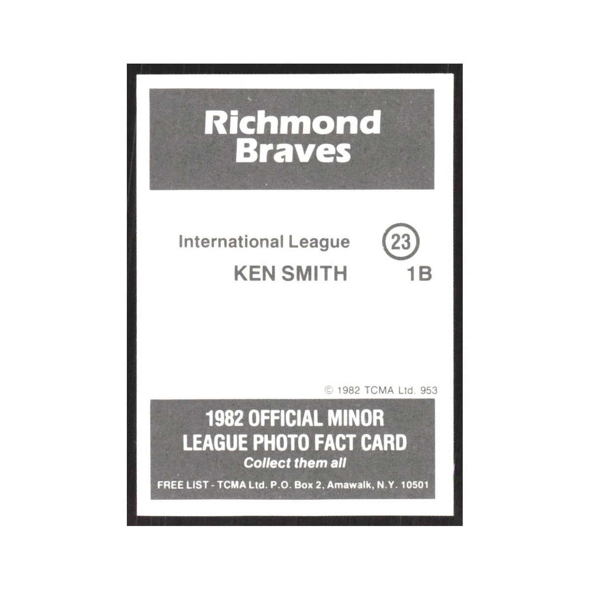 1982 TCMA Minor League Ken Smith Richmond Braves #23