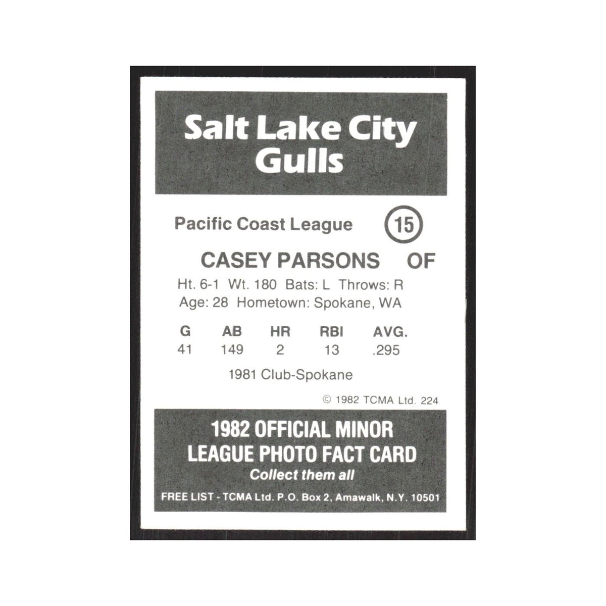 1982 TCMA Minor League Casey Parsons Salt Lake City Gulls #15