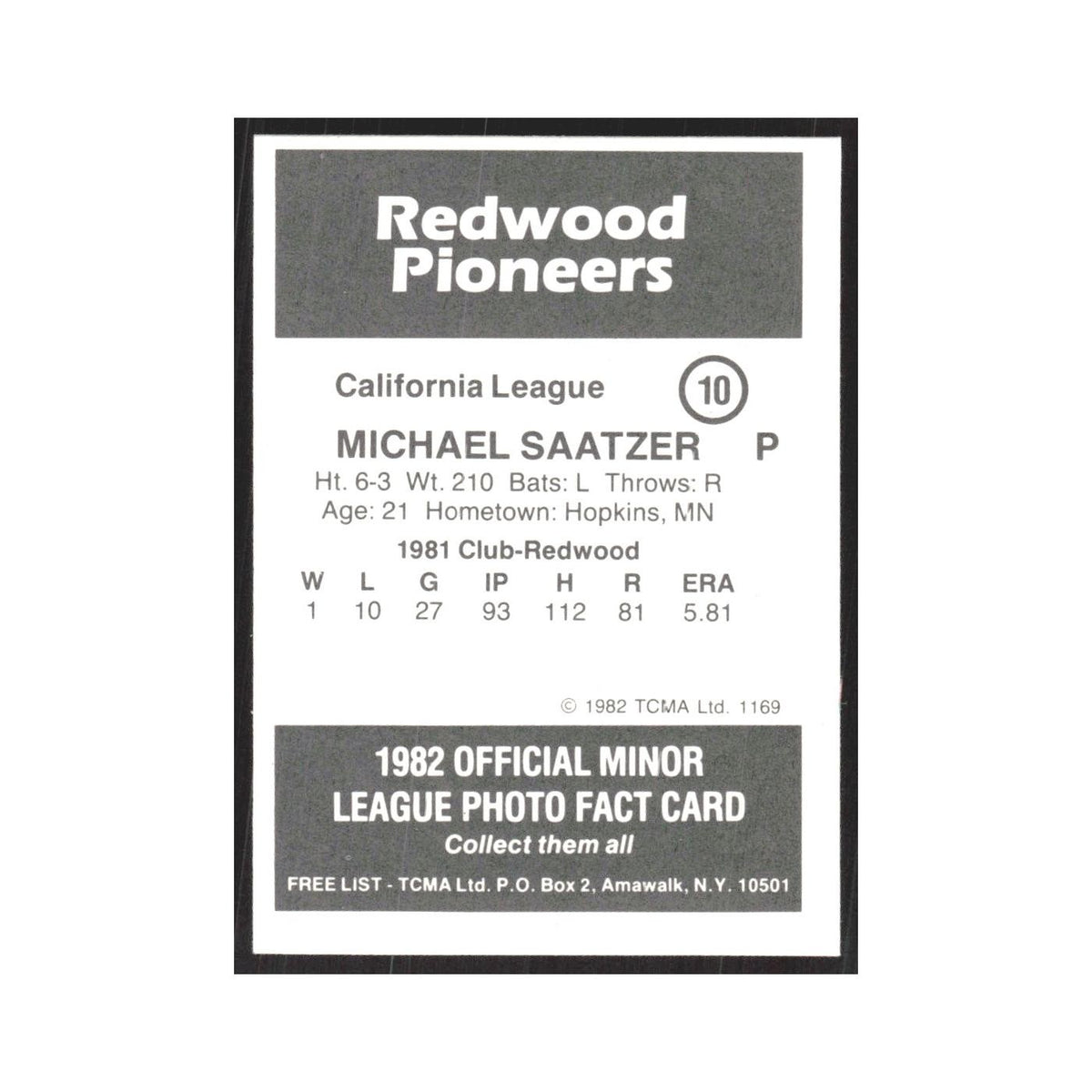 1982 TCMA Minor League Michael Saatzer Redwood Pioneers #10