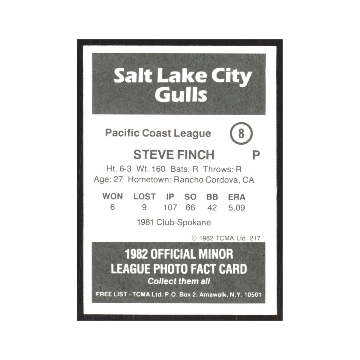 1982 TCMA Minor League Steve Finch Salt Lake City Gulls #8