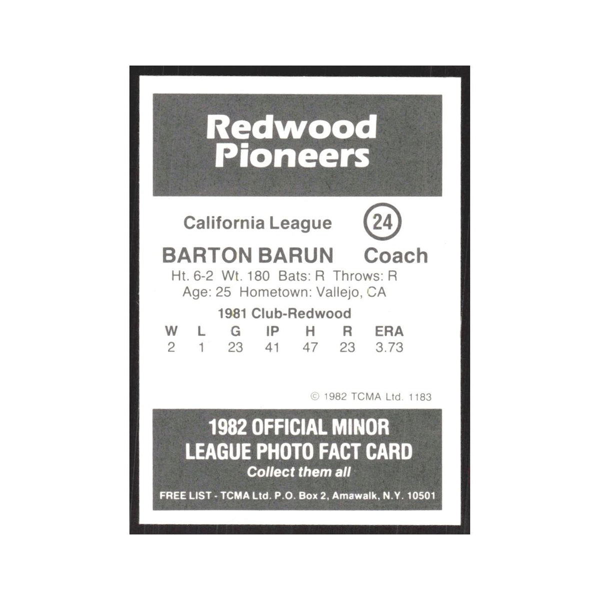 1982 TCMA Minor League Barton Braun Redwood Pioneers #24