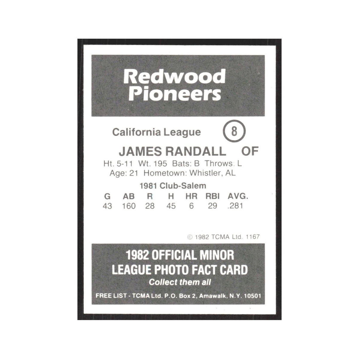 1982 TCMA Minor League James Randall Redwood Pioneers #8