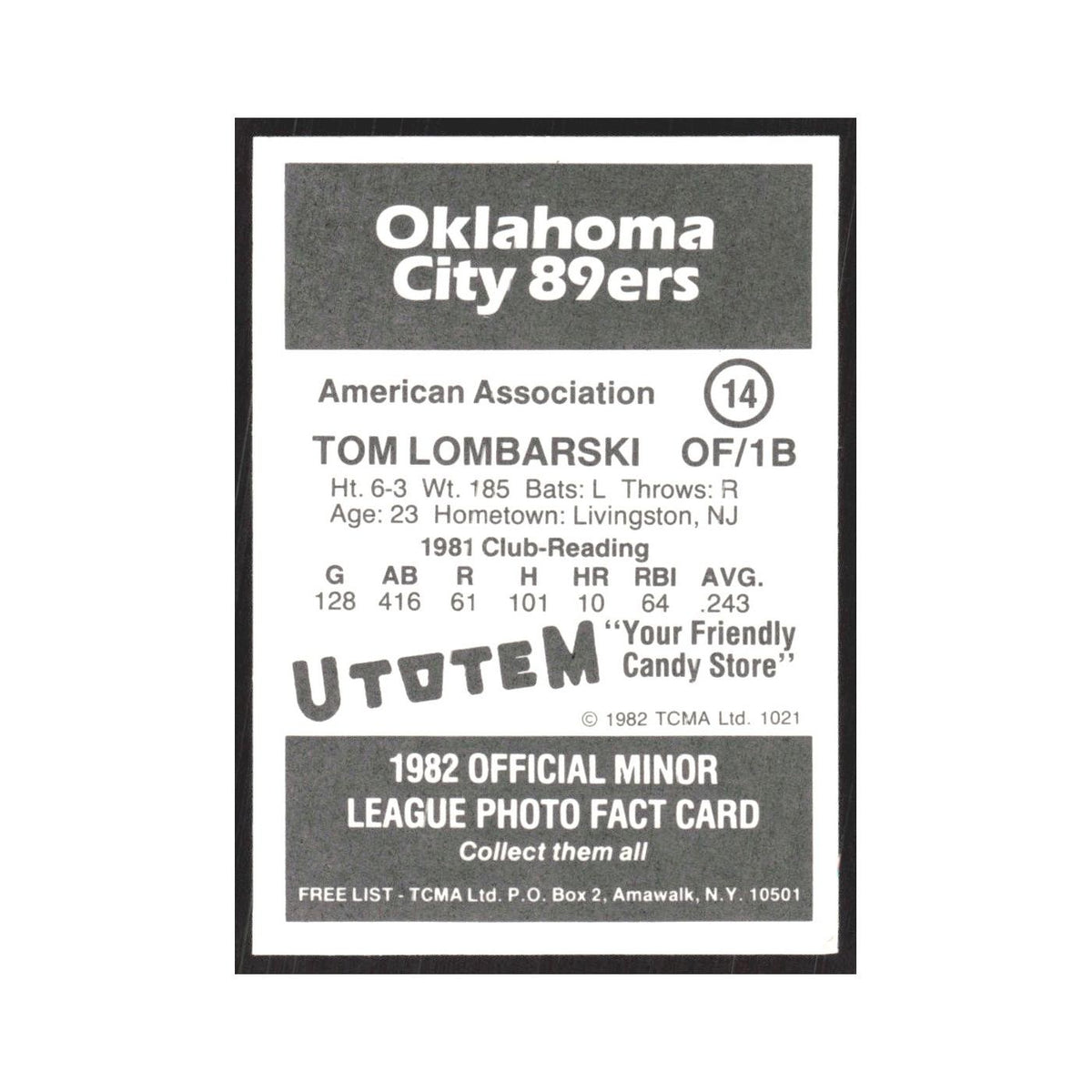 1982 TCMA Minor League Tom Lombarski Oklahoma City 89ers #14