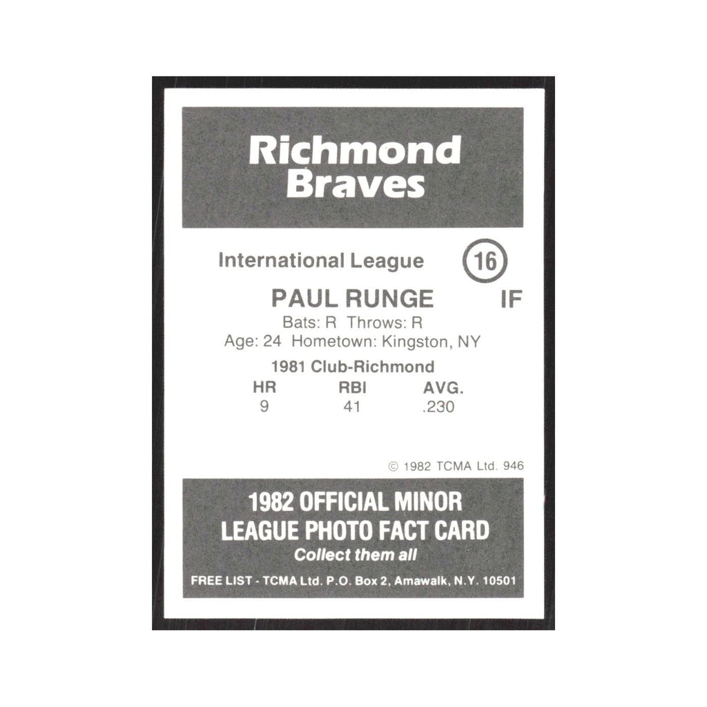 1982 TCMA Minor League Paul Runge Richmond Braves #16
