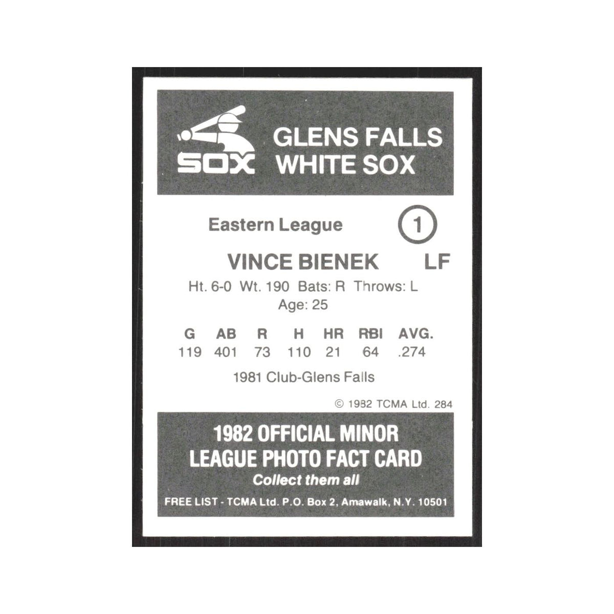 1982 TCMA Minor League Vince Bienek Glens Falls White Sox #1