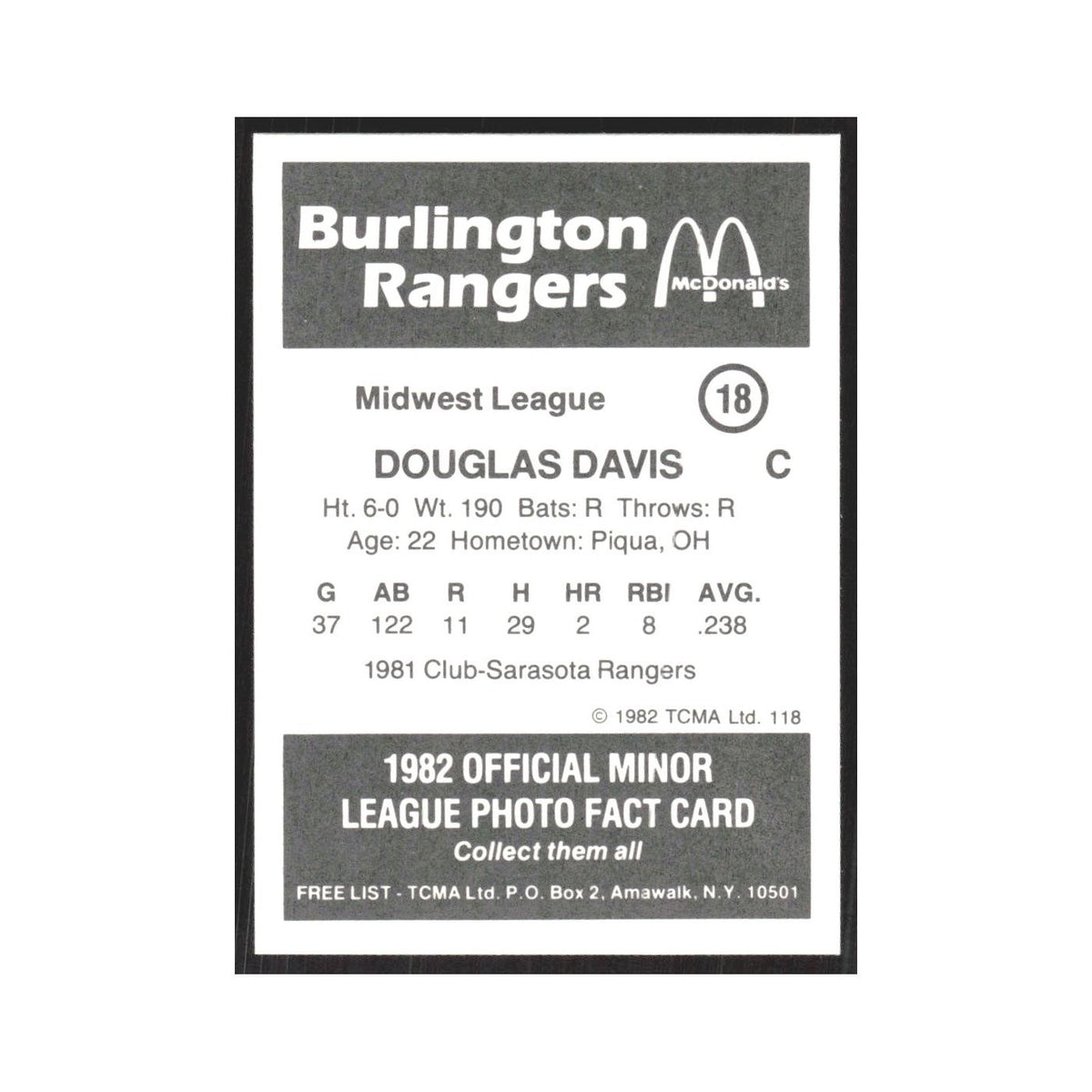 1982 TCMA Minor League Douglas Davis Burlington Rangers #18