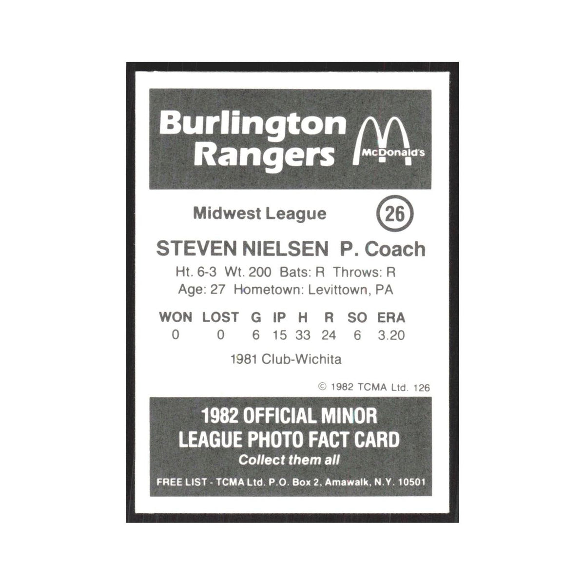1982 TCMA Minor League Steven Nielsen Burlington Rangers #26