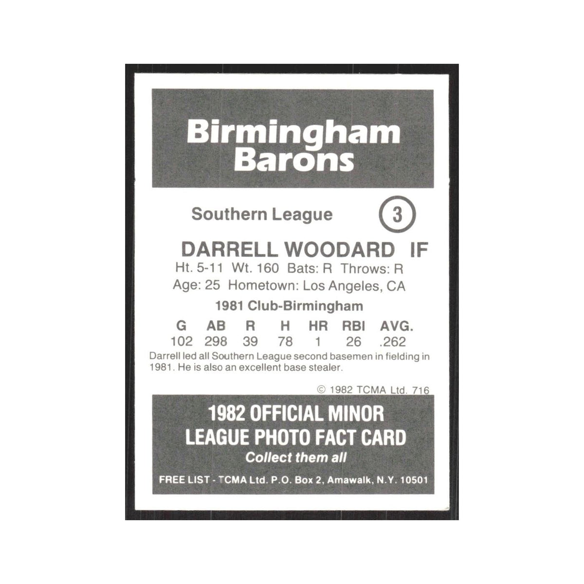 1982 TCMA Minor League Darrell Woodard Birmingham Barons #3