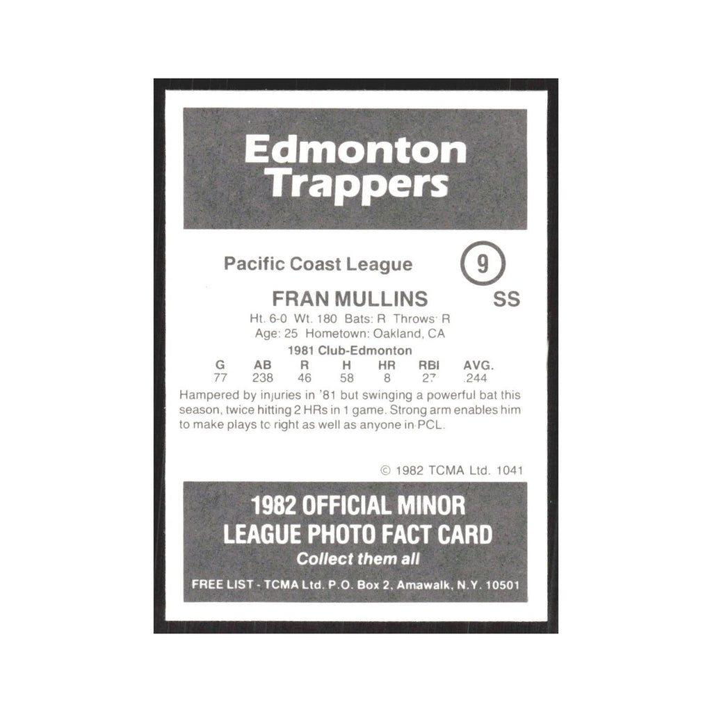 1982 TCMA Minor League Fran Mullins Edmonton Trappers #9