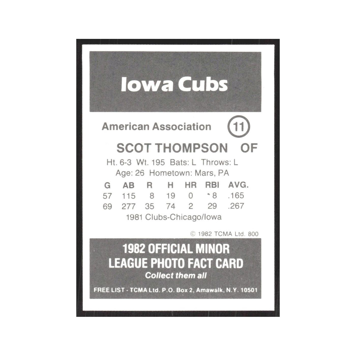 1982 TCMA Minor League Scot Thompson Iowa Cubs #11