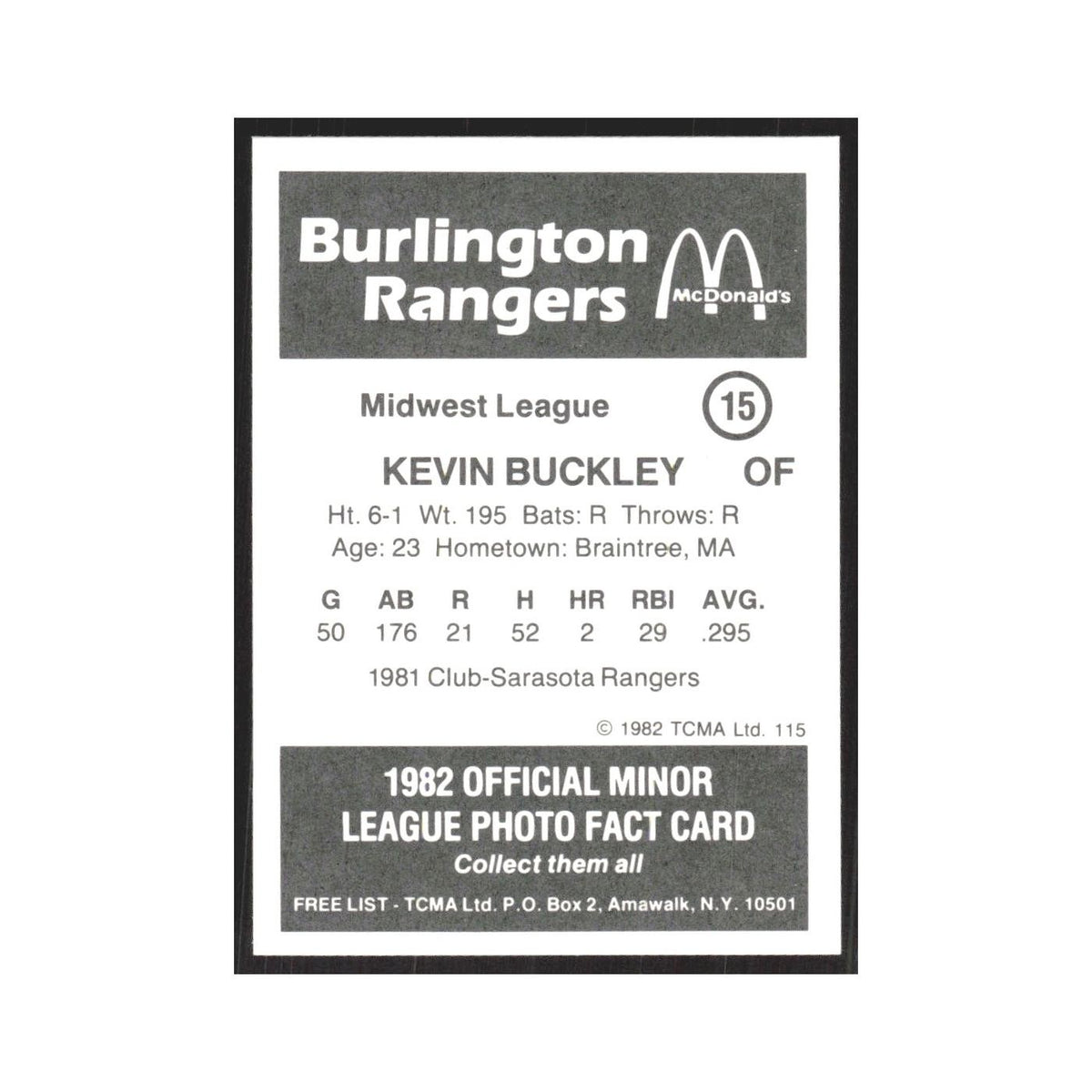 1982 TCMA Minor League Kevin Buckley Burlington Rangers #15