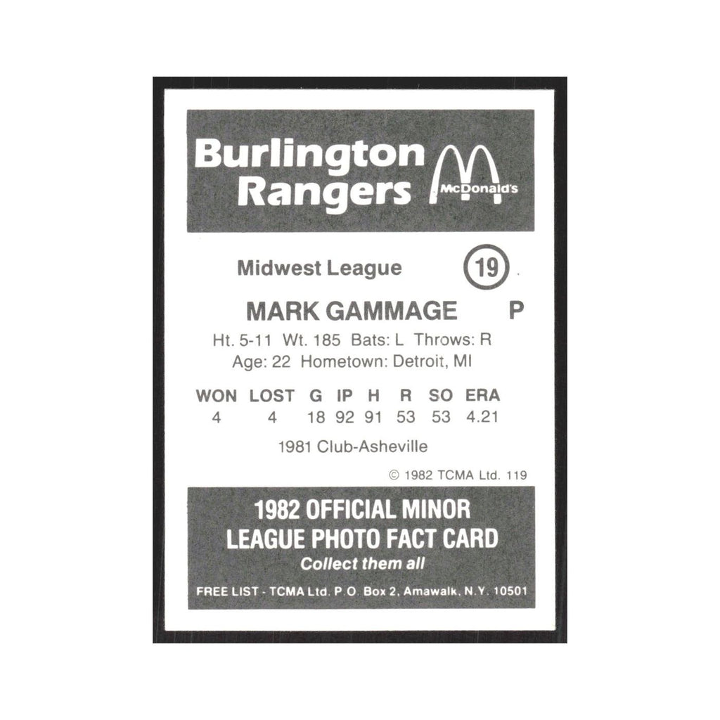 1982 TCMA Minor League Mark Gammage Burlington Rangers #19