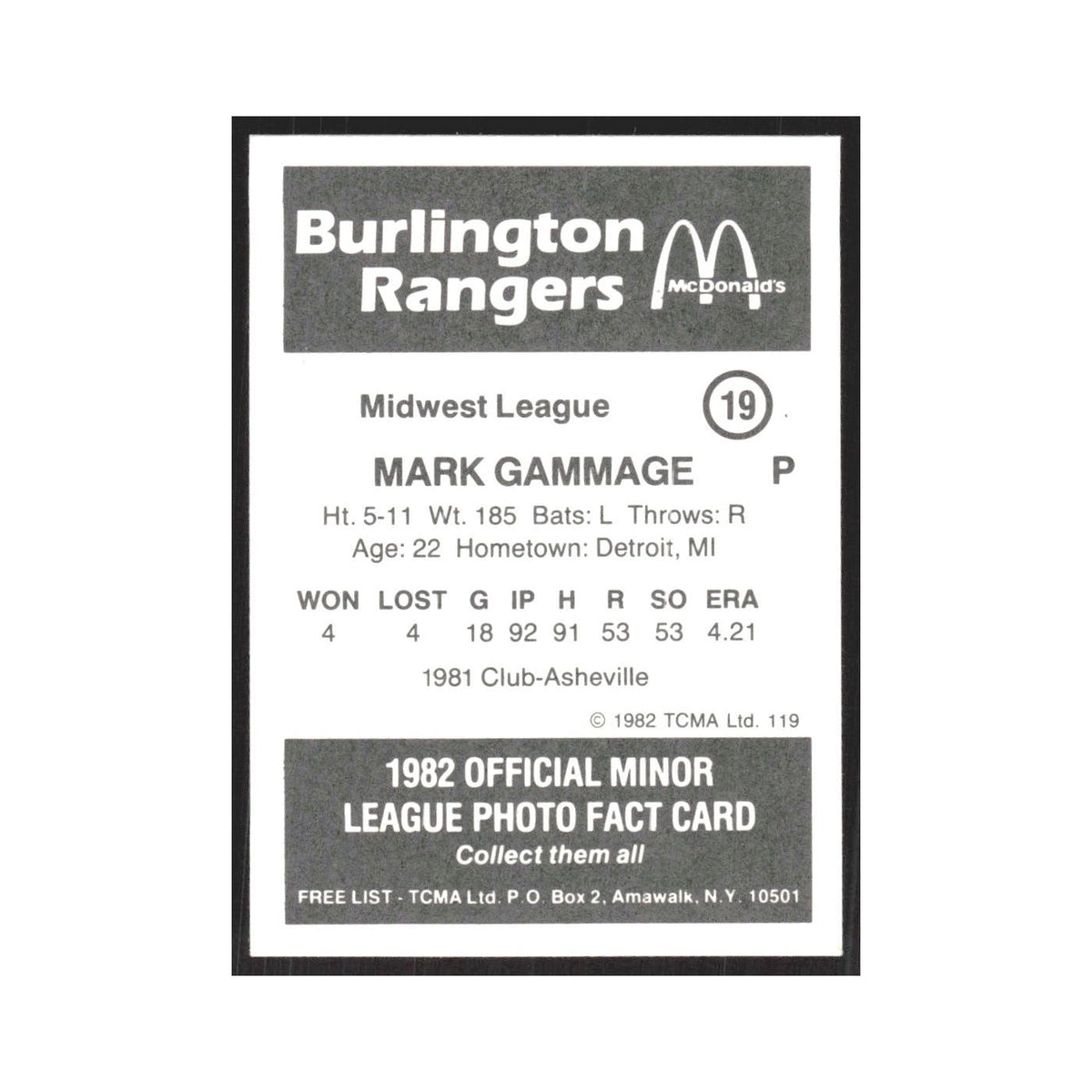 1982 TCMA Minor League Mark Gammage Burlington Rangers #19