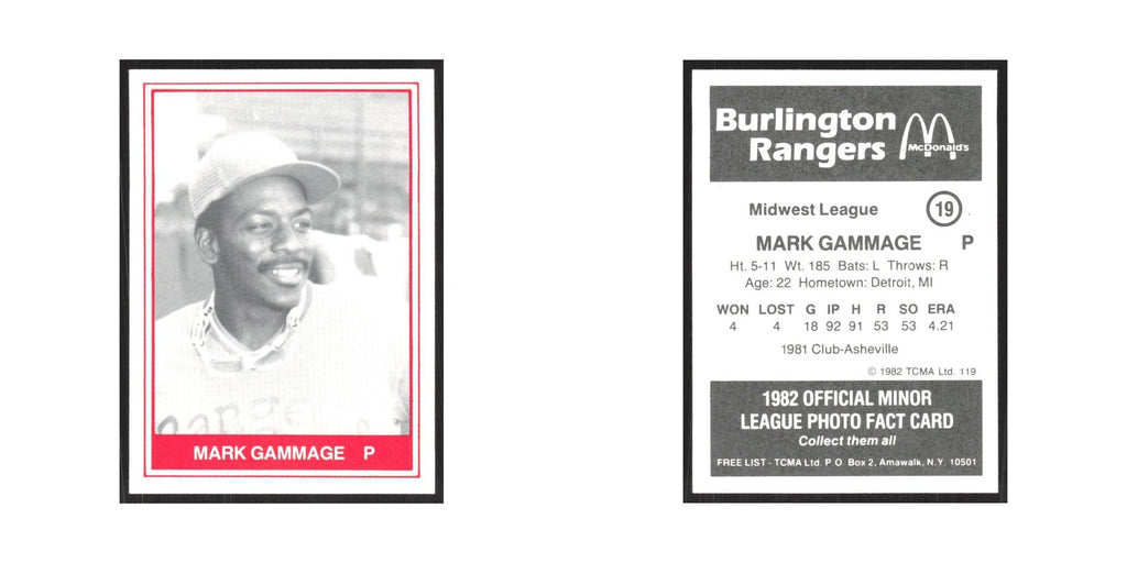 1982 TCMA Minor League Mark Gammage Burlington Rangers #19