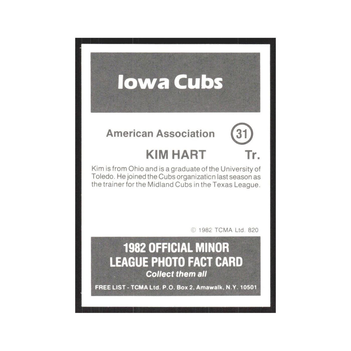 1982 TCMA Minor League Kim Hart Iowa Cubs #31