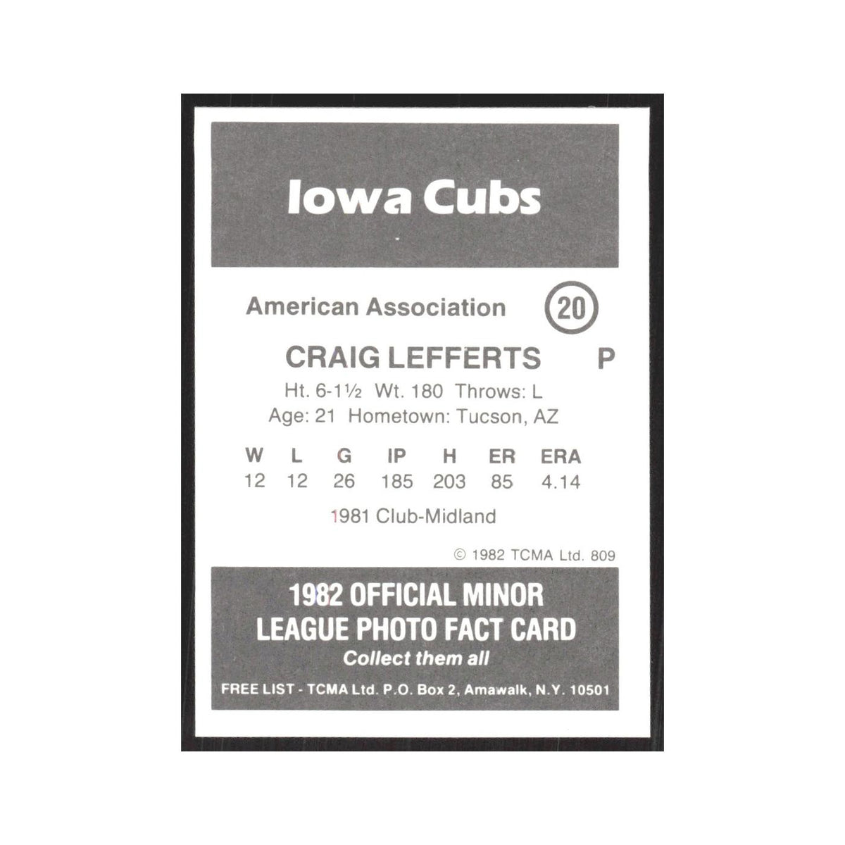 1982 TCMA Minor League Craig Lefferts Iowa Cubs #20