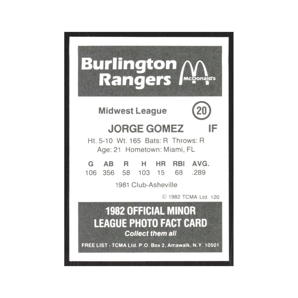 1982 TCMA Minor League Jorge Gomez Burlington Rangers #20