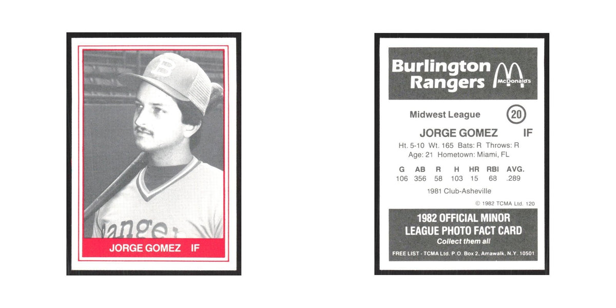 1982 TCMA Minor League Jorge Gomez Burlington Rangers #20