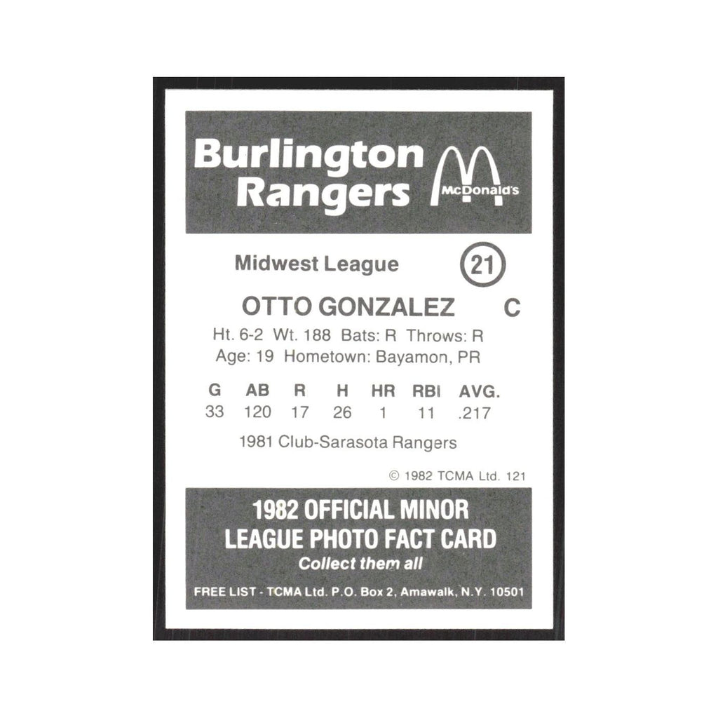 1982 TCMA Minor League Otto Gonzalez Burlington Rangers #21