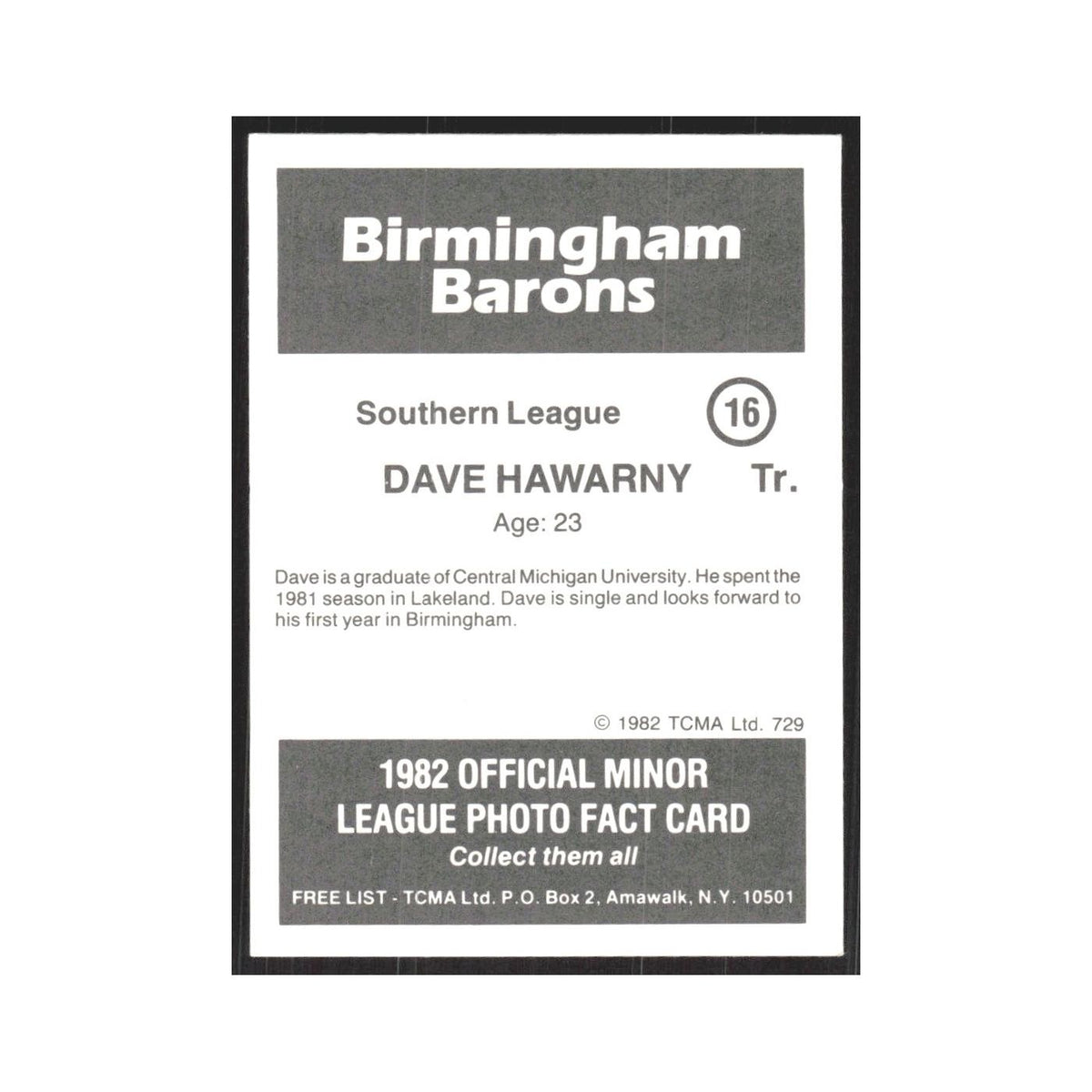 1982 TCMA Minor League Dave Hawarny Birmingham Barons #16