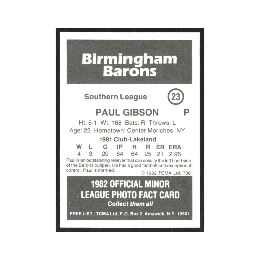 1982 TCMA Minor League Paul Gibson Birmingham Barons #23