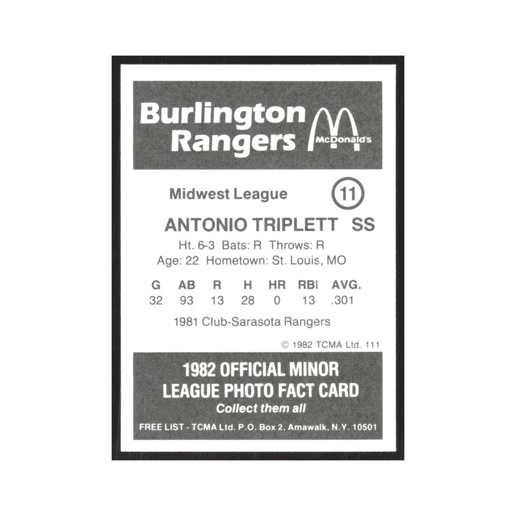 1982 TCMA Minor League Antonio Triplett Burlington Rangers #11
