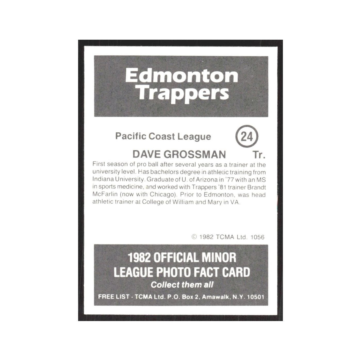 1982 TCMA Minor League Dave Grossman Edmonton Trappers #24