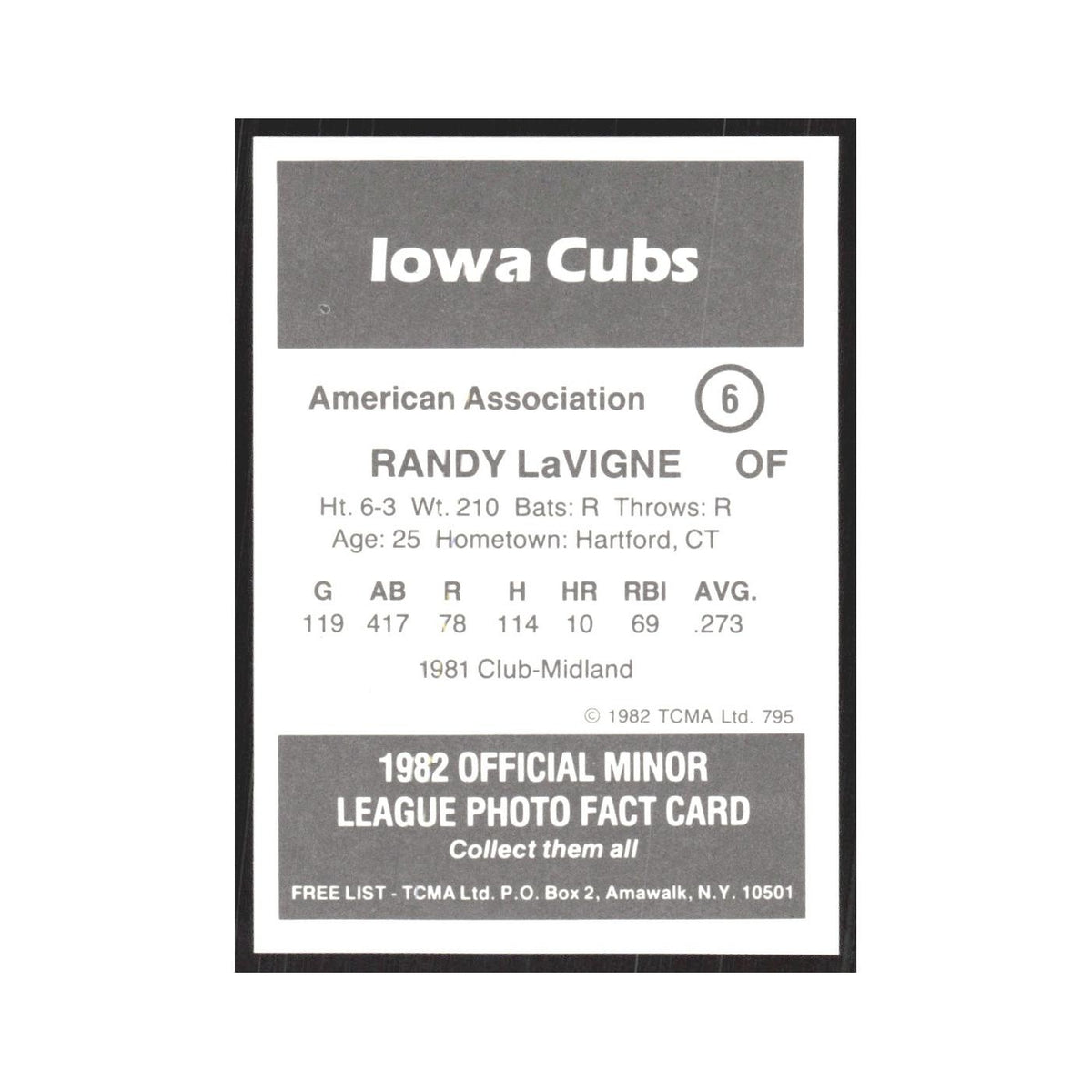 1982 TCMA Minor League Randy Lavigne Iowa Cubs #6