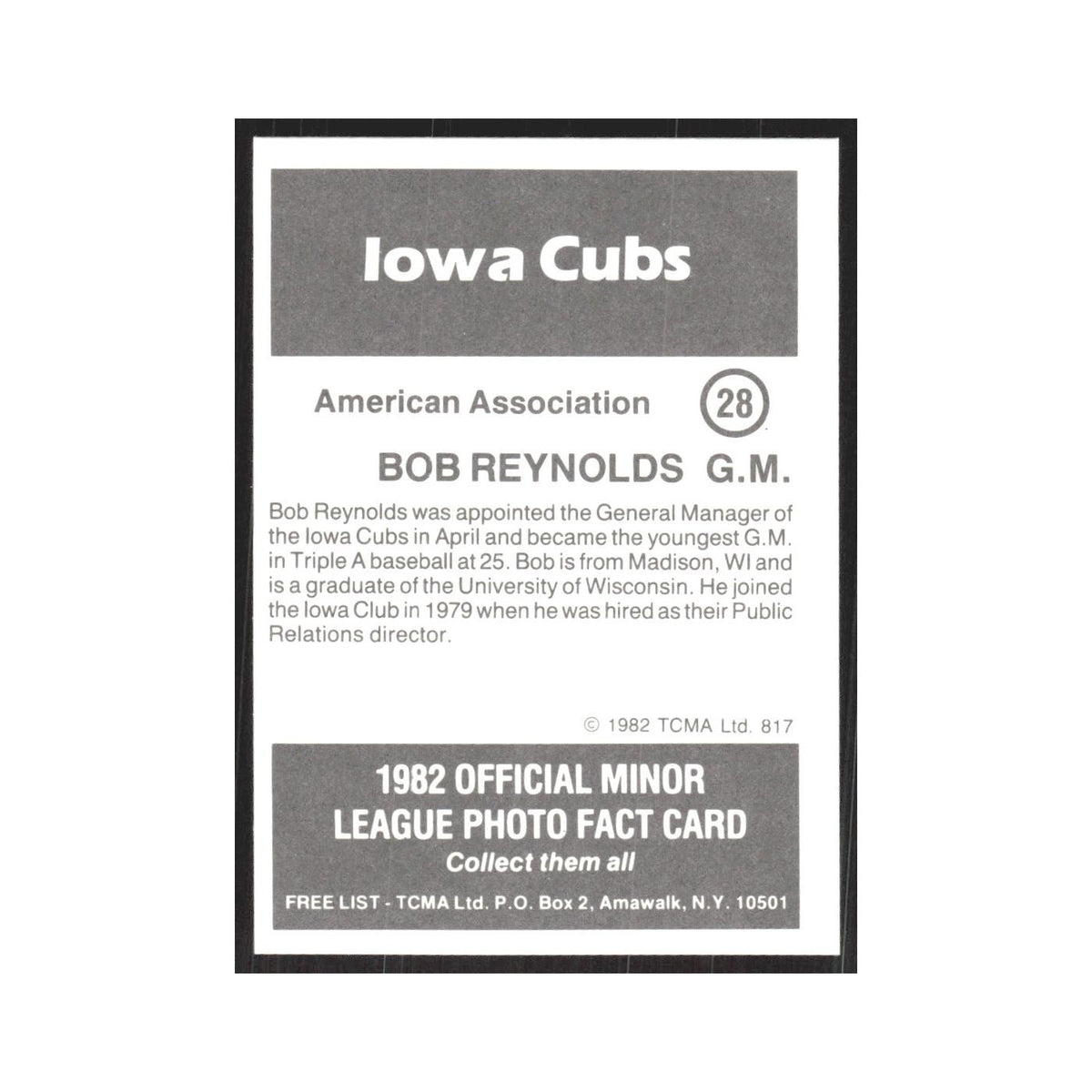 1982 TCMA Minor League Bob Reynolds Iowa Cubs #28