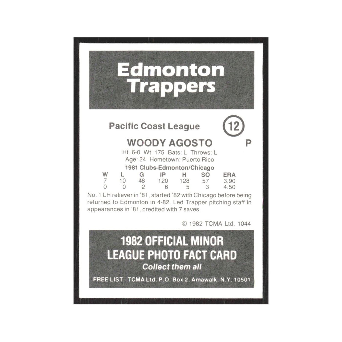 1982 TCMA Minor League Woody Agosto Edmonton Trappers #12