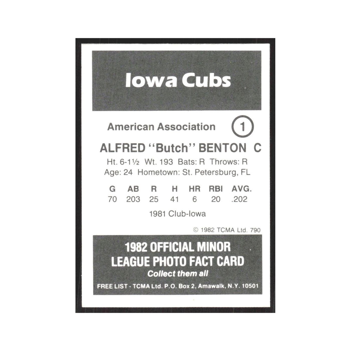 1982 TCMA Minor League Alfred Benton Iowa Cubs #1
